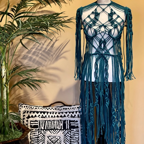 Handmade Macramé Bondage Dress Teal Blue Crochet Cut Out Distressed - Picture 10 of 16